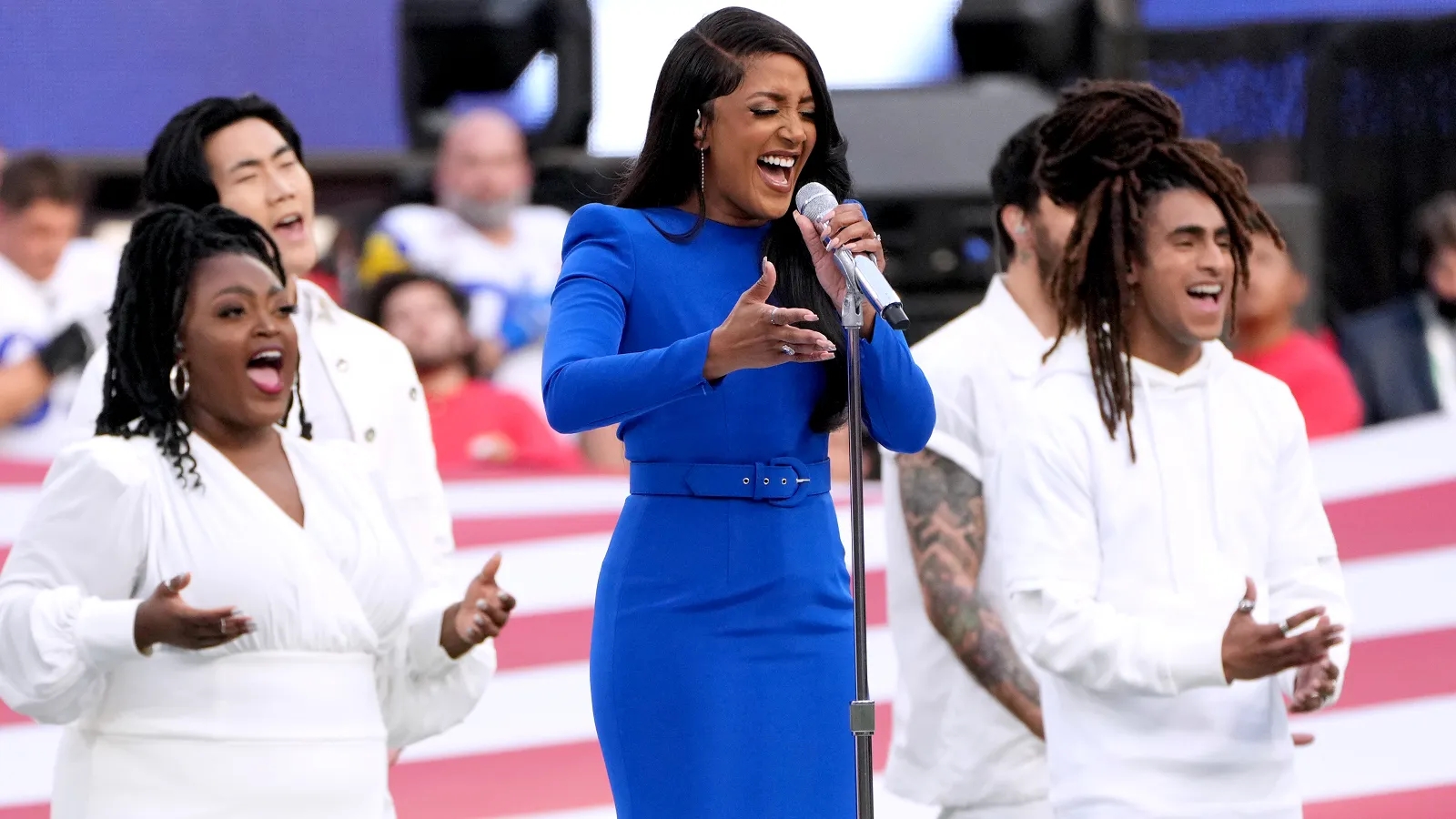 Mickey Guyton kicked off the Super Bowl singing the “Star Spangled Banner” (Photo by Kevin Mazur / Getty Images Entertainment)
